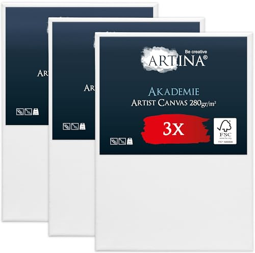 Artina Set de 3 Lienzos para Pintar 50x70 cm – 100% Algodón 280g/m² – Lienzo Blanco para Pintar con Bastidores de Madera FSC® Canvas Tela Akademie