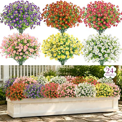 Der Rose 24 Bundles Artificial Plants Outdoor Fake Flowers for Decoration Hanging Planters Indoor Outside Garden Home Porch Wedding Farmhouse Decor
