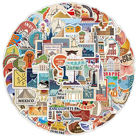 100 Stück Welt Reise Aufkleber, Vintage Vinyl Reise-Graffiti-Aufkleber Weltreisen Sticker Set, Niedliche Graffiti-Aufkleber Reisekarten-Sticker für Auto Skateboards Laptops Koffer Fahrrad Motorrad