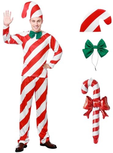 Ficlwigkis Zuckerstange Kostüm Herren Candy Kostüm, Weihnachten Weihnachtskostüm Rot (Rot, M)