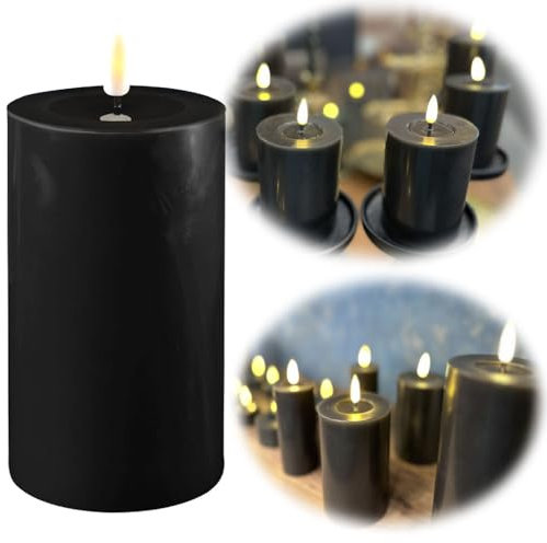LS-LebenStil Real Flame 3D LED Stumpenkerze Ribe Schwarz 20x10cm Deluxe Echtwachs Wachsspiegel flackernde Kerzen Echtwachsspiegel Blockkerze opt. Timer und Fernbedienung