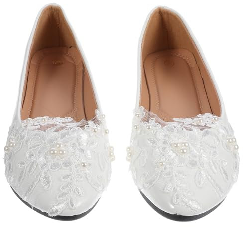 WOFASHPURET Stylish Lace Pearl Flower Wedding Shoes White Dress for Women Bridal Flat Shoes Women Fashion Lace