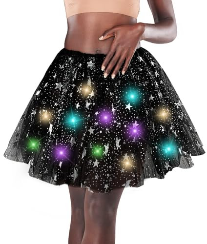 Tüllrock Damen LED, Leuchtender Rock Damen, LED Tutu Rock, Minirock Mit LED Lichter, für Halloween, Karneval, Kostüm, Fasching Party (Schwarze Sterne)