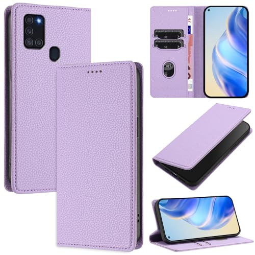 DENDICO Handyhülle für Samsung Galaxy A21s Hülle, PU Leder Klapphülle mit RFID-Blockierung, Stoßfeste Magnetische Schutzhülle für Samsung A21s, Violett