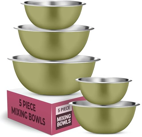GARUET Mixing Bowls Set, Easy-Grip, Stainless Steel Mixing Bowls for Baking, Cooking, Salad & Food Prep - Large, Medium and Small Metal Nesting Bowls (5, Green)