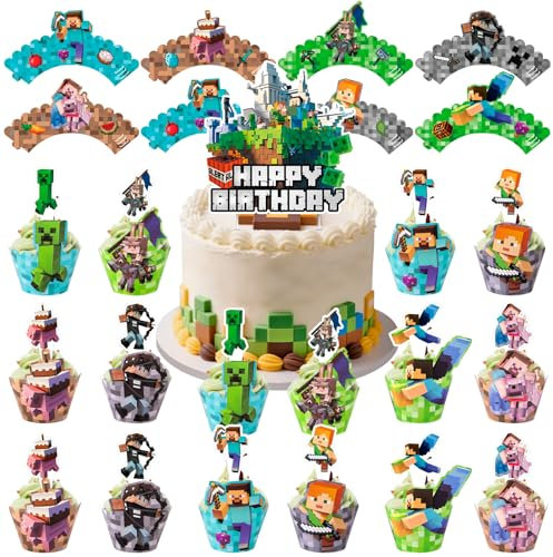 Jinhuaxin 49pcs Cake Topper Set,Cartoon Themed Happy Birthday Cake Toppers with 24pcs Cupcake Toppers border,24pcs Cake Toppers,1pcs Large Cake Topper,Birthday Party Cake Decorations for Boys Girls