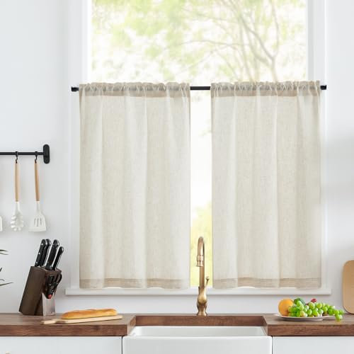 TOPICK Scheibengardinen modern Wohnzimmer Beige Bistrogardine 2er Set Scheibengardinen Küche Leinenoptik Küchengardinen H75xB65 cm Gardine für Küchenfenster Vorhänge Küche Landhausstil