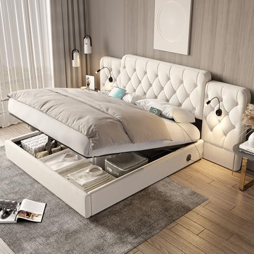 Zepneiy Lit 180x200 avec Sommier LED et USB C, Lit Coffre 180x200 avec Espace de Rangement et Longue tête de lit, Lit Double avec à Lattes, Lit Rembourré Cadre de lit 180x200 Beige (sans Matelas)