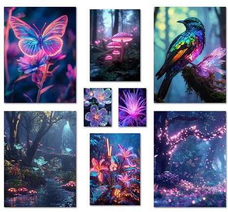 ARTFAVES® Poster Set - Futuristic Neon Forest - mehrteilige Wanddeko Gamingzimmer & Jugendzimmer - 8 moderne Wandbilder lila, avatar, biolumineszenz, wald, futuristisch - ohne Bilderrahmen