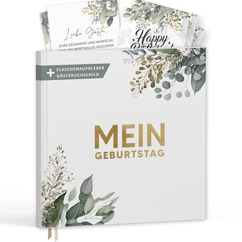 Trendanchor Gästebuch Geburtstag mit Weinetiketten – Erinnerungsbuch Eukalyptus Look Geschenk für Familie & Freunde zum Ausfüllen ohne Fragen – Hardcover Blanko 72 Seiten (Mein Geburtstag, 21x21cm)