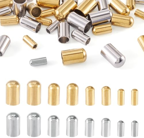 Bestewelry 32 Pcs Column Stainless Steel Cord End 7-10x3-6mm Bulk Column Cord End Caps Rope Stoppers for Jewelry Making Necklace Bracelet Finding, Golden & Silver Color
