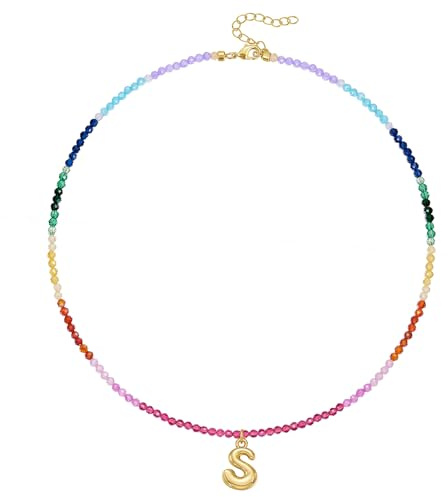 KissYan Bunte Perlenkette für Damen, 14K Gold Blase Buchstaben Halskette Boho Perlen Anfangs Anhänger Kette Regenbogen Choker Bunt Sommer Strand Schmuck