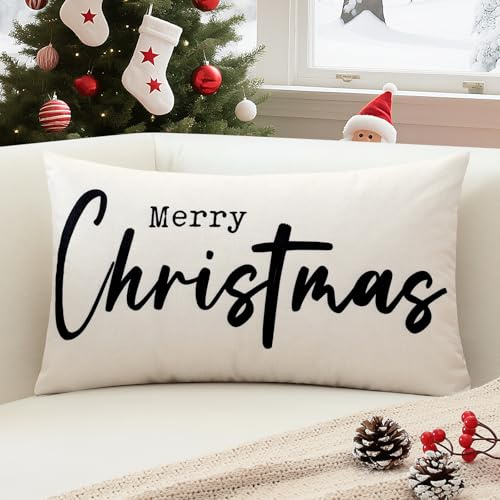 Sungeek 1 Stück Weihnachten Kissenbezug, Winter Kissenbezüge Dekorative Zierkissenbezüge Weihnachtsdeko Kissenhülle für Sofa Wohnzimmer Schlafzimmer (40x60 cm, Schwarz Merry Christmas)