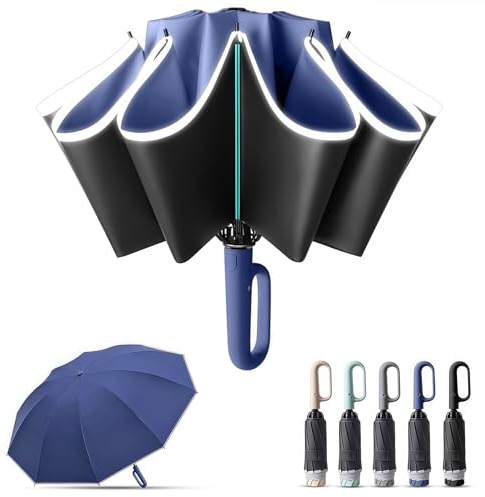 Kisizity Regenschirm Sturmfest, 10 Rippen Umgekehrter Regenschirm Automatik Auf und Zu, 106cm Durchmesser Golf Umbrella mit Schnallengriff und 360° Reflektierende Streifen für Herren und Damen