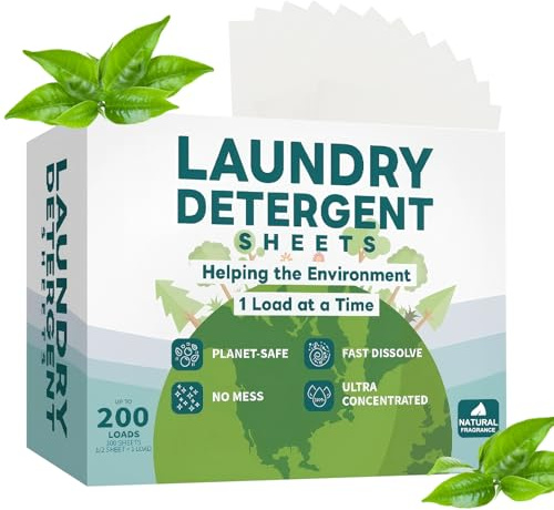 Hojas de Detergente para Ropa 200 Lavados (100×2 Hojas), Detergente Universal Ecológico Sin Plástico, Biodegradable y Soluble en Agua, Compacto e Ideal para Viajes y Hogar