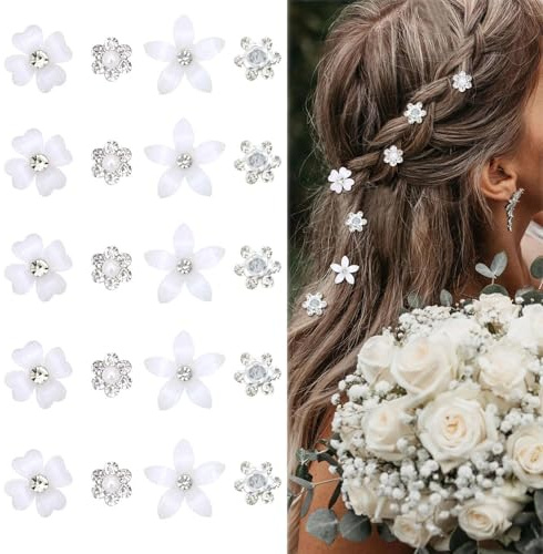 JOOTUEPO 20 Stück Mini Haarspangen mit Diamanten, Weiße Kleine Blumen Haarspangen, Süße Strass Metall Haarnadeln für Frauen und Mädchen, für Alltag, Party und Hochzeit (4 Blumenmuster)