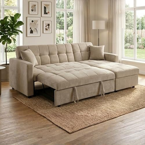 Carson Modern L-Shaped Sectional Sleeper Sofa with Pull-Out Bed & Integrated Storage Chaise, 3-Seater Grey Fabric Couch for Living Room