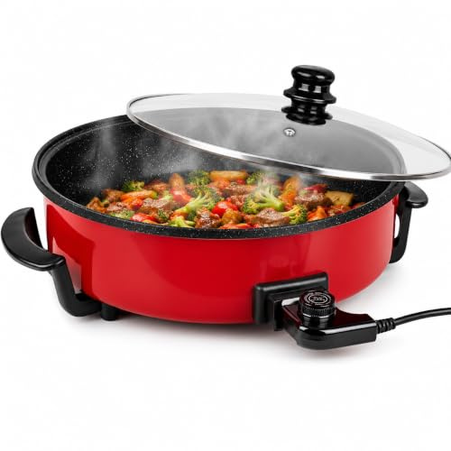 Royal Swiss® Electric Frying Pan 46cm 1500W – Large Non Stick Electric Skillet with Glass Lid, Thermostat Control, Keep Warm Function, Multi Cooker for Pizza Paella Pasta, Red