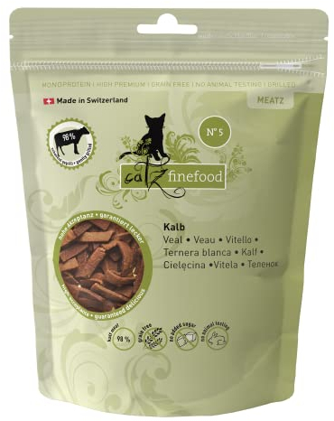 catz finefood Meatz Katzen Leckerlies Kalb N° 5 - knusprige Streifen aus Kalbfleisch - gegrillt und getrocknet - Katzensnack ohne Zucker, getreidefrei, 45g