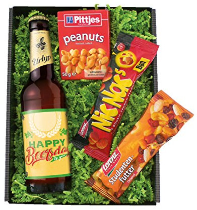 Bull & Bear Bier Geschenkbox personalisiert, 0,33l Export Urtyp Happy Beersday mit Name, 5,1% vol., Biergeschenk für Männer mit Erdnüssen und Studentenfutter