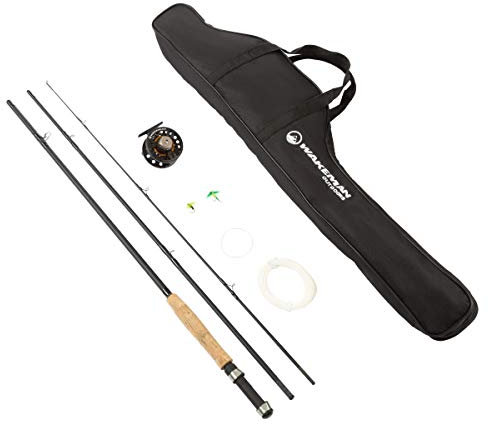 Wakeman 3-teiliges Fliegenfischer-Kombi-Starter-Set – 244 cm Faltbare Fiberglas- und Kork-Angelrute mit Etui und Zubehör (schwarz)