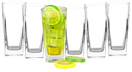 Tall Water Juice Glasses Highball Glass Cocktail Drinking Tumblers 220ml Set of 6 Slim Hiball Long Drink Glasses Soda Coke Beverage Everyday Tumblers Square Bottom, Clear (Set of 6)