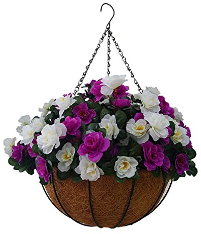 Indoors and Outdoor DIY Lila Weiß Rhododendron Kunstblumen Kunstblumen Azaleen Kette Hängekorb mit Blumentopf (kleiner Korb)