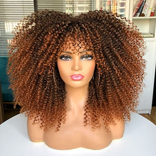 ANNIVIA 16inch Long Curly Afro Wigs for Black Women Afro Kinky Curly Wig with Bangs No Glue Full and Fluffy like a Bomb Full wig (Ombre Brown)