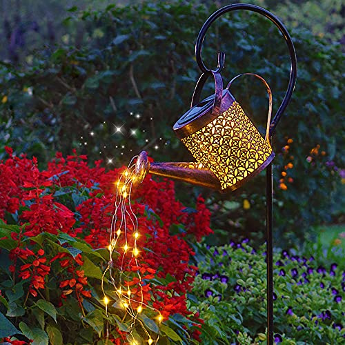 Leuchtende Gießkanne Solar mit Lichterkette, Solarlampen für Außen Gießkanne, LED Solar Wasserfall Gießkanne IP55 Wasserdicht für Garten(Mit Shepherd's Hook)
