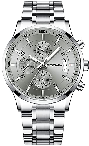 CRRJU Herren Uhr Business Edelstahl wasserdichte Chronographen mit Kalender Armbanduhr Edelstahlband Stoppuhr Analog Quarzuhr (Silber grau)