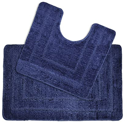 Allure Non Slip Bath Mat Set 2 Piece Bath and Toilet Mat Set - Easy Care Super Soft Microfibre Pile (Navy Blue)