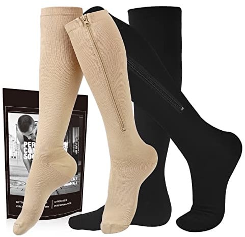 cerpite Kompressionsstrümpfe mit Reißverschluss, für Herren und Damen, 2 Paar 15–20 mmHg, geschlossene Zehen, Kniehoch, geeignet zum Laufen,, schwarz / beige, Large/X-Large
