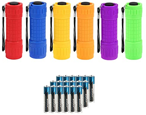 Whaply Kleine Mini-Taschenlampen, verschiedene Farben, mit 18 AAA-Batterien (6 Stück)