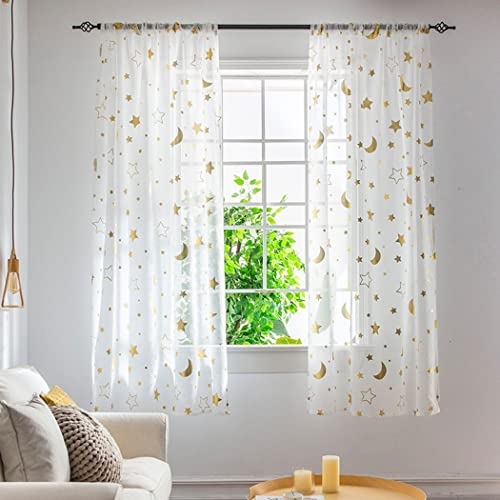 SPORTARC Voile Gardinen Vorhang halbtransparent mit Ösen in Leinenoptik Stores Gardinen Schals für Wohnzimmer Schlafzimmer Kinderzimmer, Mond und die Sterne, 1 x 1,3 m, 1er Set