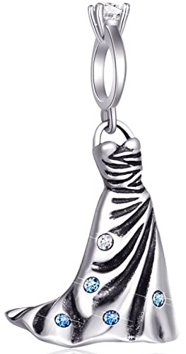 925 Sterling Silber Hochzeit Ring Charm Hochzeit Kleid Dangle fit europäischen Valentinstag Armband, trägerlose Abendkleider Halskette Anhänger mit Kristall, Geschenke für Frau/Braut/Jahrestag