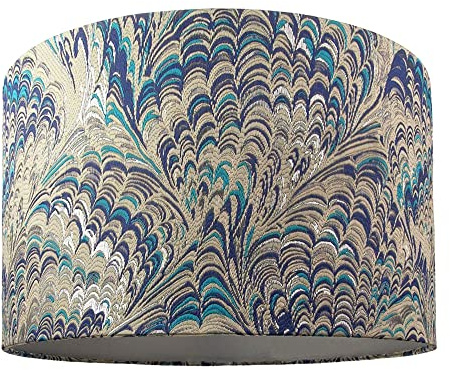 Contemporary and Vivid Peacock Print Table/Pendant Drum Lamp Shade in Teal, Grey, Blue and Silver Cotton - 40cm with Silver Satin Fabric Inner Lining | 60w Maximum by Happy Homewares