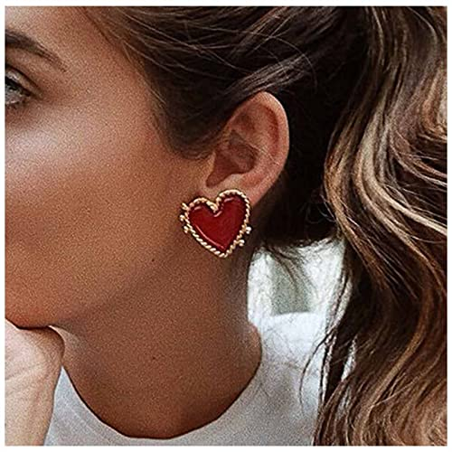 Dervivea Boho Emaille Herz Ohrstecker - Rot Harz Ohrringe, Großes Herz Schmuck für Frauen und Mädchen