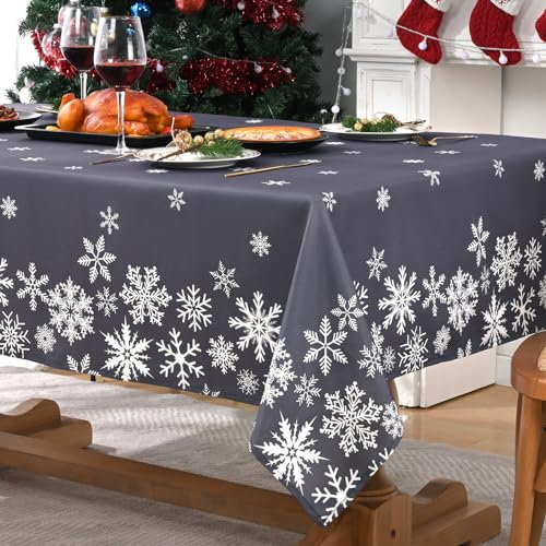 Yrendenge Weihnachts Tischdecke, Schneeflocke Grau Rechteckige Tischdecken Abwaschbar Outdoor Tischtuch Wasserdicht Winterurlaub Abendessen Home Dekor Tischwäsche, 130 x 220 cm