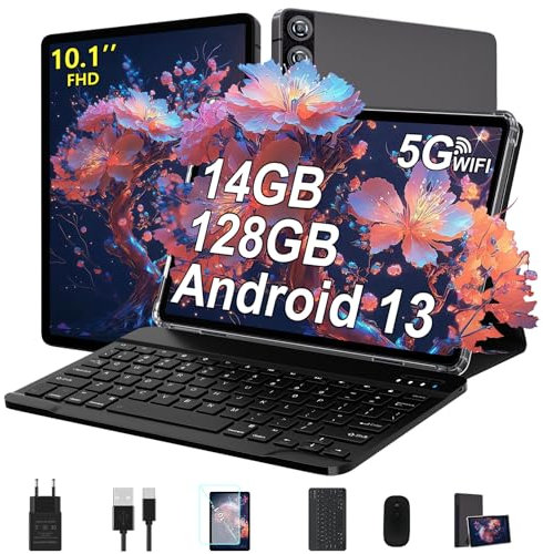 ZIOVO 2024 Android 13 Tablet 10 Pollici 14GB RAM+128GB ROM (TF 1TB), Octa-Core, 2.0GHz, FHD Tablets con 5G+2.4G WiFi, 8000mAh, BT 5.0, 5+8MP, GPS, Widget, 2 in 1 Tablet con Mouse e Tastiera - Grigio