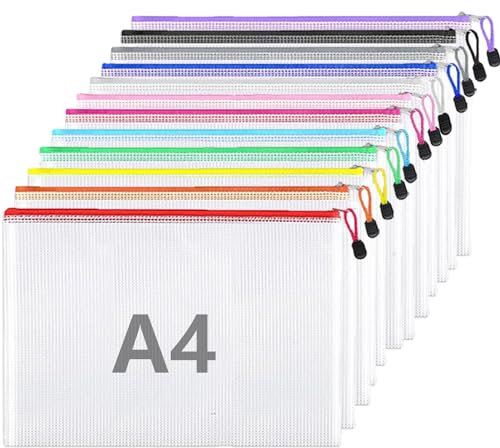 Plastic Wallets - 12 Pcs Zip Lock Bags Plastic Folders Document Wallets, A4 Ziplock Bags Wallets Plastic Zipper Bag Document Folder, 12 Colours Plastic Pockets File Bags for School, Office, Home