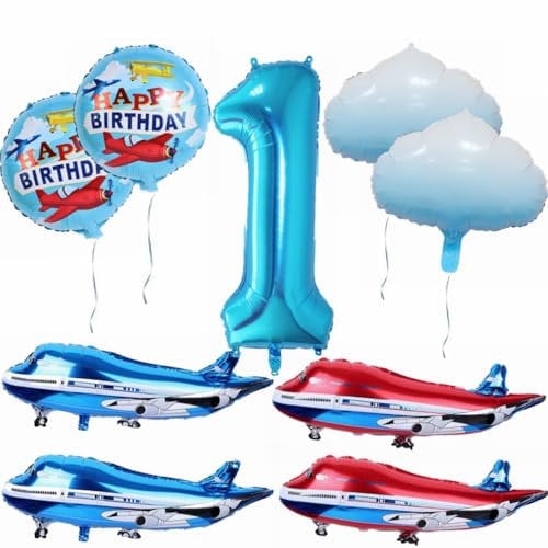 Yunchu Online Flugzeug Geburtstag Dekoration - Großer Blauer Rot Ballon, Cloud Folienballons, Party Set für 1. Geburtstag Junge Mädchen