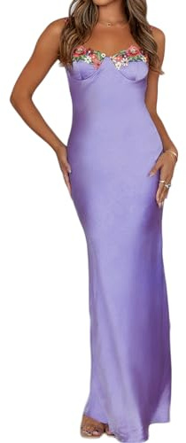 Sexy Satin-Spaghettiträger-Maxikleid mit Blumenstickerei, Herzausschnitt, rückenfrei, ärmellos, Schlitz-Midikleid, Flieder, Klein