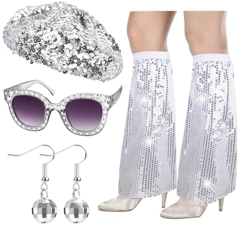 HOWAF 4 Disco Accessoires 70er Jahre Kostüm Glitzer Baskenmütze Disco Hut Pailletten Stulpen Disco Brille Sonnenbrille Discokugel Ohrringe 70er 80er Jahre Outfit Damen für Fasching Karneval Kostüm