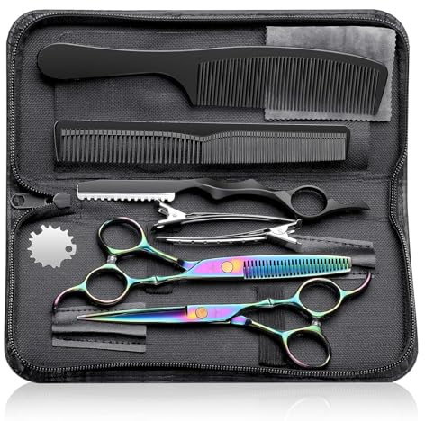 PURPLEBIRD Friseurscheren Profi, Haarschere Friseurschere Set aus Edelstahl Haarschneideschere und Effilierschere für Barbier/Friseur/Anfänger 10 Stück Regenbogen