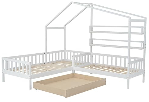 CGLYYDS Hausbett für 2 Kinder, Kinderbett Hausbett 90x200 cm + 140x70 cm Holzbett mit Schubladen und Regalen,L-Struktur Baumhaus Holzbett mit Zaun und Lattenrost,B