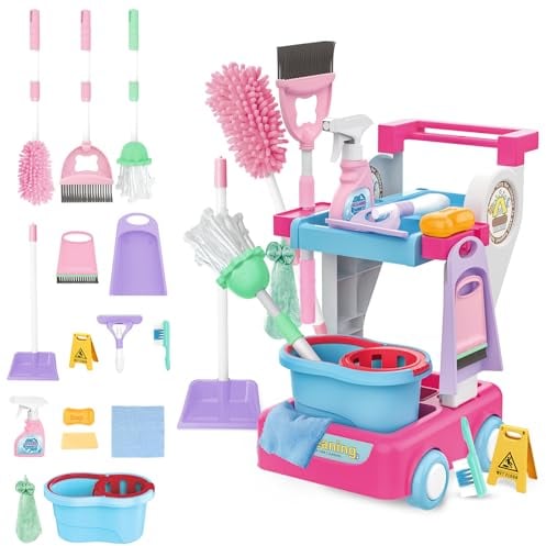 deAO 16 Piezas Limpieza Juguetes con Carrito de La Limpieza, Escoba, Cubo, Pulverizador, Jabón, Fregona, Paño, Cepillo, Recogedor, Juego de Roles, Juguetes del hogar para Niño Niña 3 4 5 6 Años