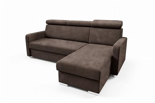 LIKMA Schokolade Ecksofa Mako mit Schlaffunktion und Bettkasten, 213 cm x 100 x 165 cm, Sofa L-Form, Schlafsofa, Verstellbare Kopfstützen, Wohnlandschaft, Schlafcouch Stoff: Anafi 18