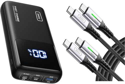 INIU Batterie Externe, 25000mAh 100W Power Bank Charge Rapide, Batterie Externe USB & Cable USB C, [2m+2m] 100W 5A PD QC4 Câble USB c vers USB c Charge Rapide, Chargeur Type C de Données en Nylon