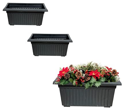 SIDSONS Plastic Trough Plant Pot Long Planter Home Outdoor Garden Window Herb Flower Box Windowsill Patio Bushes Window Box Rippled Effect, Optional Drainage Holes 55cm Black Set Of 3