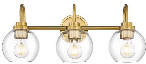Audickic - Bathroom Lighting Fixtures, 3 Light Gold Brushed with Clear Glass Globe, Champagne Bronze Vanity Lighting Fixtures Over Mirror, AD-22280-3W-GD